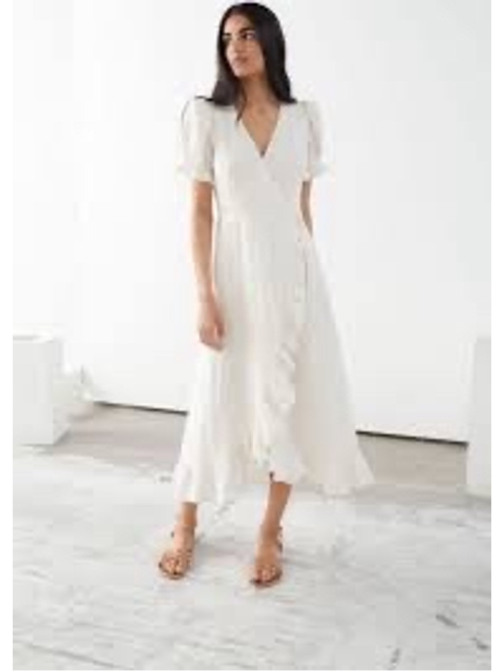 & Other Stories Frilled Linen Midi Wrap Dress Size 38 Small Ethereal Coquette
